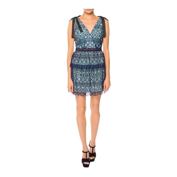 NWT SELF-PORTRAIT Blue Guipure Lace Tie Shoulder Tiered Mini Dress Size 00 - Picture 3 of 13